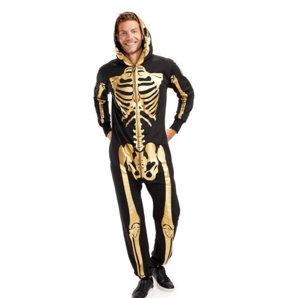 Tipsy Elves Black and Gold Skeleton Zip-Up Onesie Medium